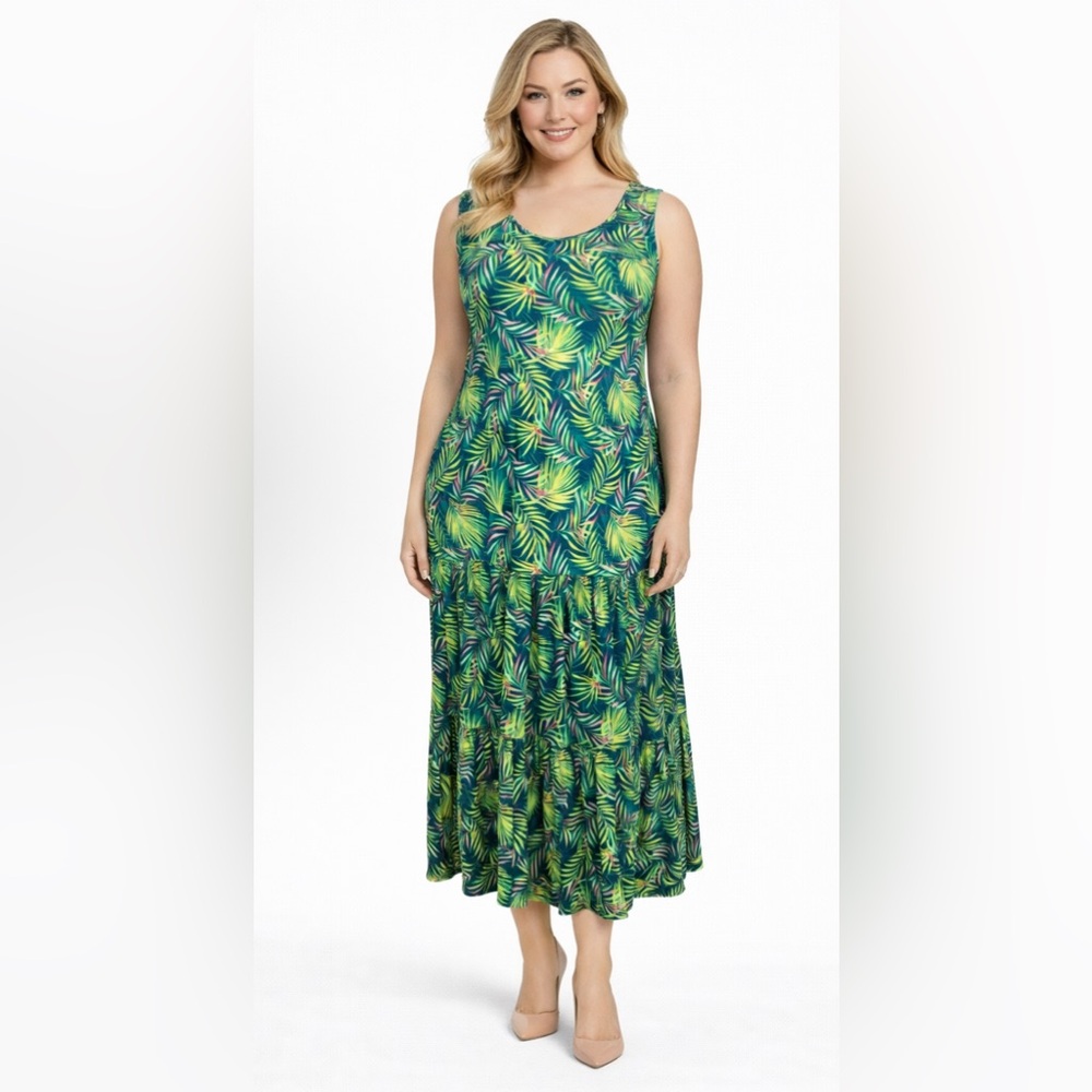 Lands End Maxi Tiered Dress 1X Stretch Cotton Modal Floral Washable NEW